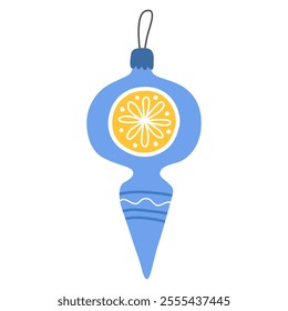 Blue christmas ball with yellow and white decor, icicle isolated on white. New Year's toy. Christmas tree decor. Cute cartoon illustration.