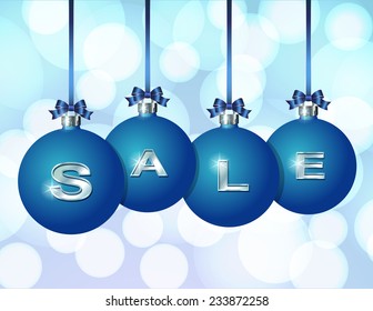 Blue Christmas balls Hanging on blue Ribbons with silver word Sale written on them.