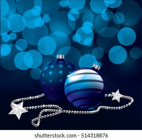 Blue christmas balls on bokeh background with light. Vector design element