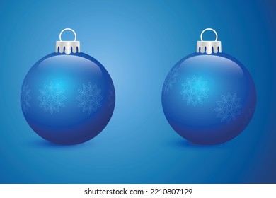 Blue christmas balls on on a bright background with blue gradient and shadows. Merry Christmas, xmas, New Year, holidays card. Vector illustration usable as banner, greeting card, gift package