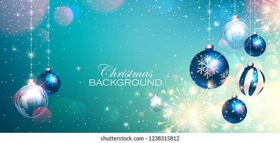Blue Christmas Balls on Colorful Winter Background and Bengal Lights. Vector illustration