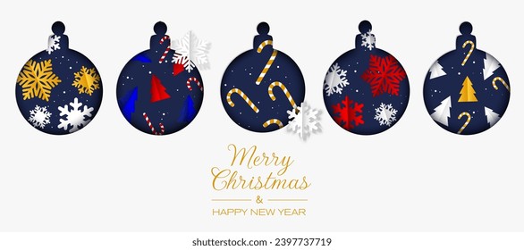 Blue Christmas balls in paper cut style on a white background. Merry Christmas or Happy New Year paper art vector banner.