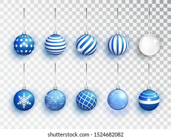 Blue Christmas balls set of with different patterns isolated. Holiday decoration template. Vector illustration.
