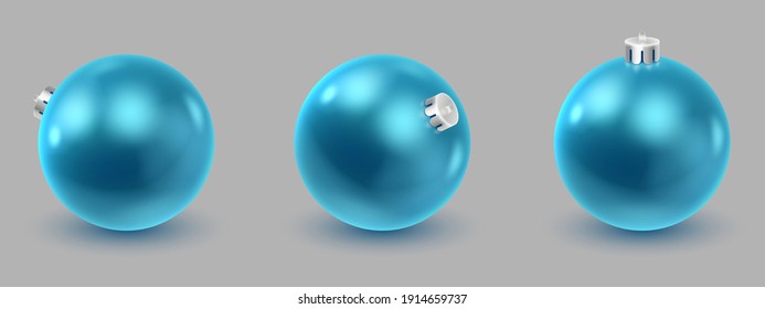 Blue Christmas balls with shadow and reflex on gray background. Happy New Year card, design for flyer, poster, decor, banner, web, advertising. Vector illustration. 