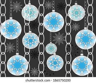 Blue Christmas balls, snowflakes and chains on a black background. Vector illustration for Christmas cards, wallpaper, gift packaging and textiles