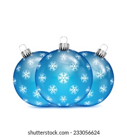 Blue Christmas balls with snowflakes isolated on white background