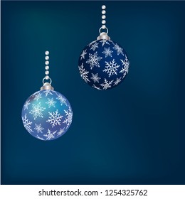 Blue Christmas Balls With White Snowflakes And Silver Chain On Dark Bue Gradient Background. Xmas Decoration Vector Bauble Balls.