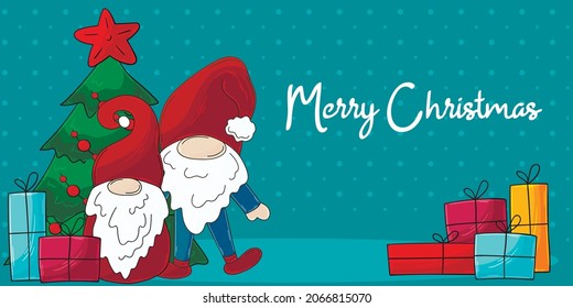Blue Christmas banner in handdrawn style. Two gnomes in Santa Claus hats, Christmas tree, gifts. Cute holiday card, flyer, banner