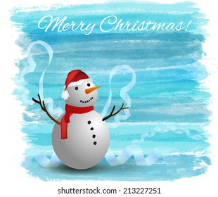 Blue Christmas banner with snowman and ribbons