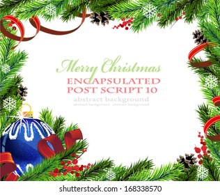 Blue Christmas bauble with ribbon and fir tree branches on white background