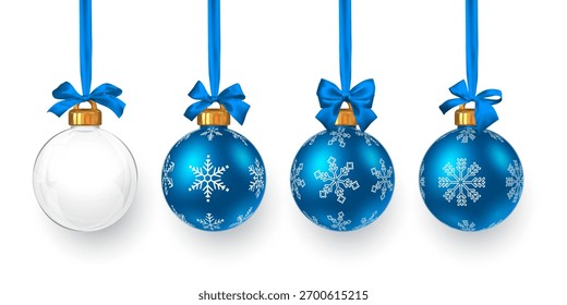 Adornos De Navidades Azules Con Patrón De Copo De Nieve Y Arcos De Cinta De Raso Colgando Sobre Fondo Blanco. Decoración Festiva Elegante Para El Diseño De Festiva. Ilustración vectorial.