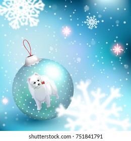 Blue Christmas blurred background with fir tree ball and snowflakes. White Japanese spitz on New Year decoration