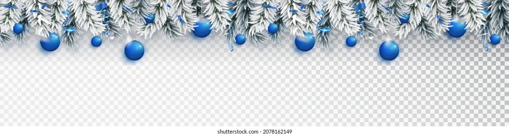 Blue Christmas border with fir silver branch blue balls. Traditional holiday decorations.