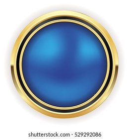 Blue christmas button with gold border on white background