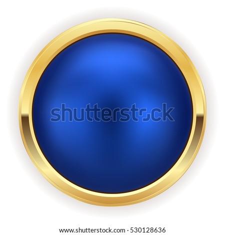 Blue christmas button with gold border on white background
