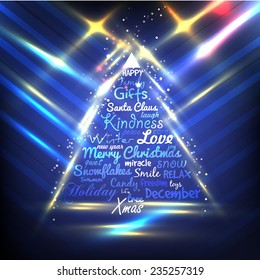 Blue Christmas card. Abstract striped background with light effects. Vector image. Text