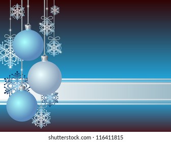 Blue Christmas card with Christmas balls and snowflakes