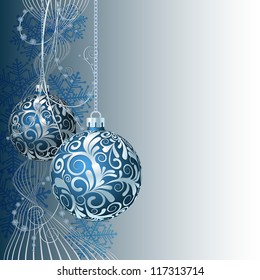 Blue Christmas card with Christmas balls and snowflakes