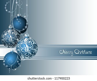 Blue Christmas card with Christmas balls and snowflakes