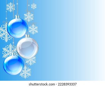 Blue Christmas card with Christmas balls and snowflakes. Vector illustration