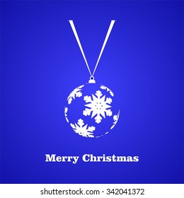 Blue Christmas card with Christmas balls with white snowflakes hanging on white ribbons and white Merry Christmas inscription on a dark blue background