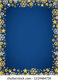 Blue christmas card with  border of golden and silver glittering snowflakes and stars, vector illustration