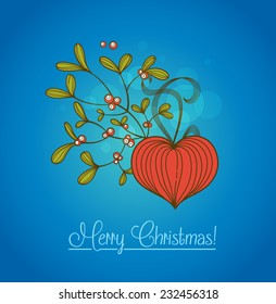 Blue Christmas card with branch of mistletoe