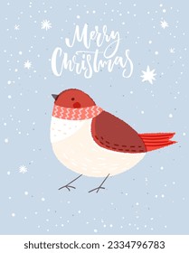 Tarjeta azul de Navidad con lindo pájaro rojo y texto con letras a mano Feliz Navidad. El vector ilustró saludos.