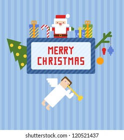 Blue Christmas card with cute Santa Claus, Christmas angel and presents. Vector illustration