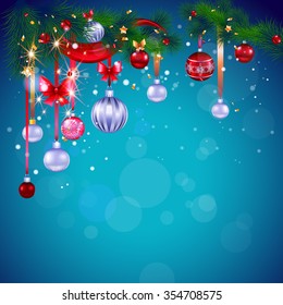 Blue Christmas card with decoration. Bright background with place for text. Holiday design for card, banner,ticket, leaflet and so on.