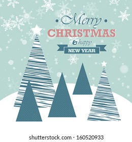 blue christmas card with falling snowflakes and trees. christmas concept