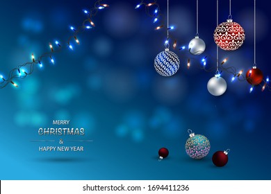 Blue Christmas Card, Happy New Year Background. Holiday Poster, greeting cards, banner.