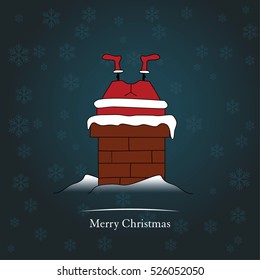 Blue Christmas card with Santa Claus in chimney