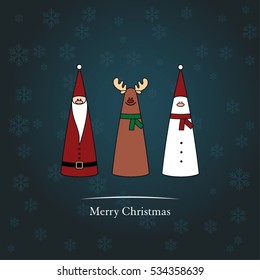  Blue Christmas card with Santa Claus, deer and snowman