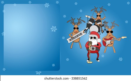 Blue Christmas card. Santa and reindeer musicians