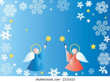 blue Christmas card with snowflakes and angels