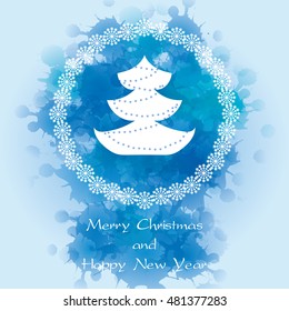 blue Christmas card with snowflakes and Christmas tree