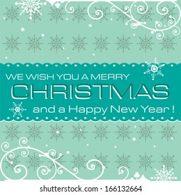Blue Christmas card with snowflakes and white ornaments