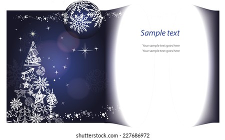 Blue christmas card with tree, ball and snowflakes with blank place for text, illustration