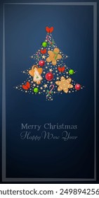 Blue Christmas card with a Christmas tree and a congratulatory inscription. Vector illustration