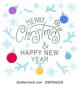 Blue Christmas card with Christmas tree and snow. Merry Christmas and Happy New Year text with Snowflakes, lettering for greeting cards, banners, posters, instagram post, isolated vector illustration