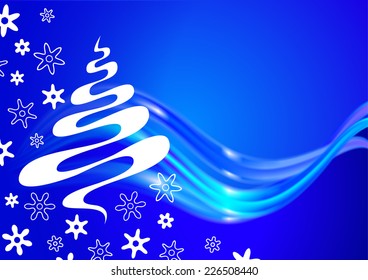 Blue Christmas card with tree and snowflakes sketch