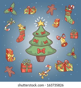 Blue christmas card. Vector cartoon illustration.