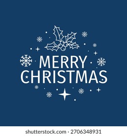 Blue Christmas card vector template with Merry Christmas greeting; Holly berry snowflakes stars poster design; Winter holiday illustration background
