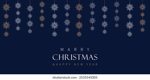 Blue christmas card with white and gold snowflakes, marry christmas and happy new year