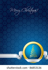 Blue christmas card with white ribbon and golden element