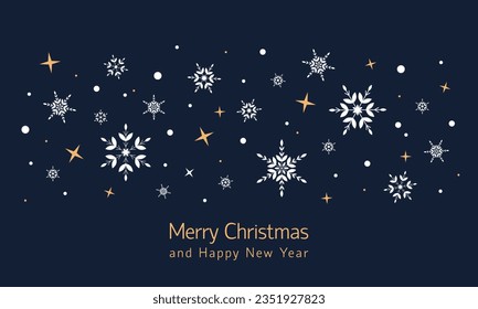 Blue christmas card with white snowflakes, marry christmas and happy new year