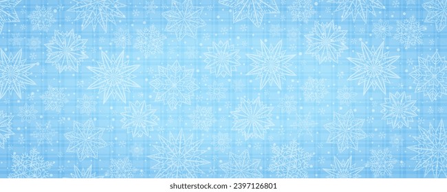Blue Christmas checked banner with snowflakes. Merry Christmas and Happy New Year greeting banner. Horizontal new year background, headers, posters, cards, website. Vector illustration
