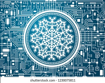 Blue Christmas chipset background with huge white snowflake in the center. Futuristic holiday technology concept banner. Vector hi-tech new-year horizontal illustration.