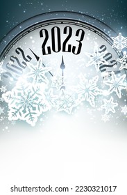 Blue Christmas clock showing 2023 with big snowflakes. New year background with space for text.